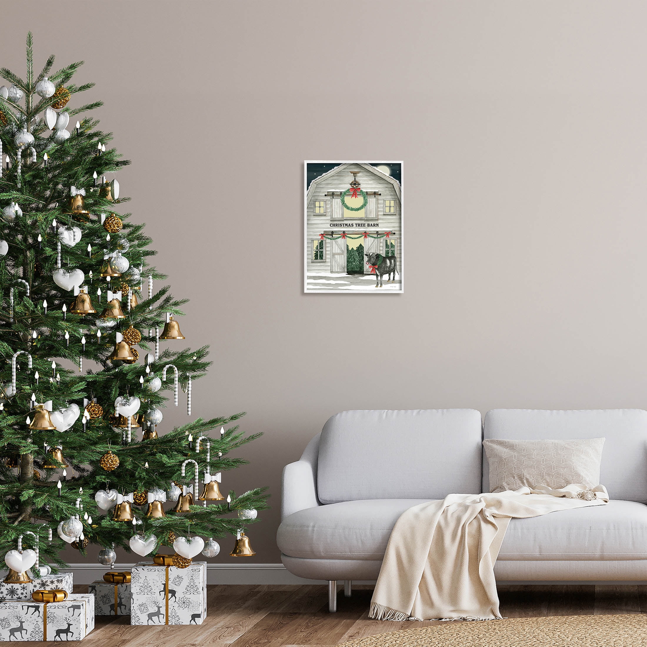 Christmas Tree Barn Rural Countryside Holiday Graphic Art White Framed Art Print Wall Art