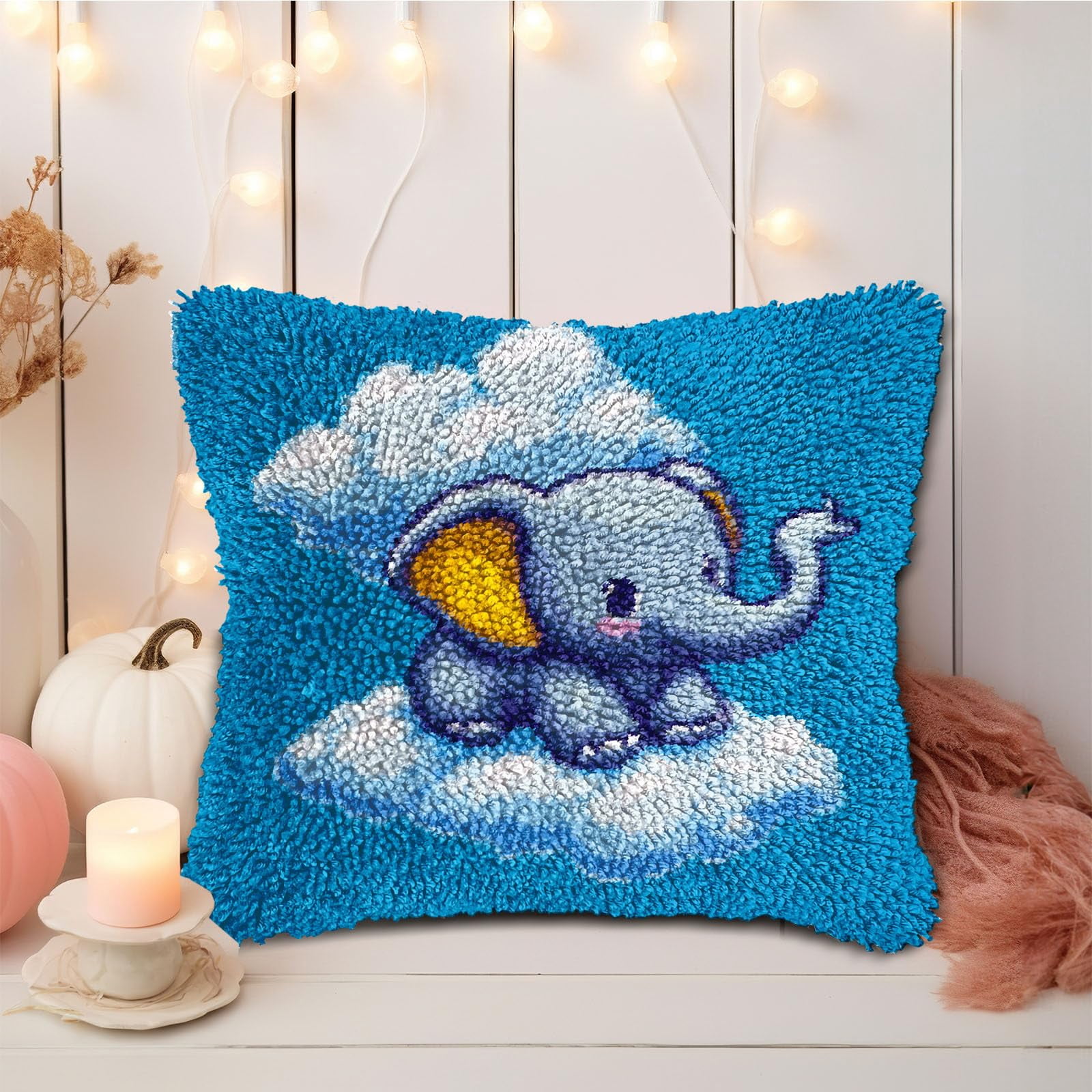 DIY Latch Hook Pillow Kits Little Elephant on Clouds Printed Pillowcase Crochet Yarns Hooking Handmade Pillow Cover Cushion for Home Sofa Decoration 17x17inch-1