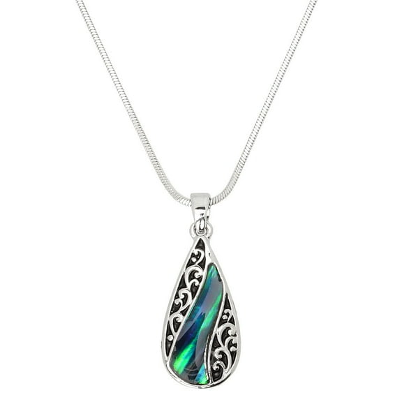 Tear Drop Pendant Necklace Abalone Shell Rhodium Plated 17 Inch Snake Chain J0851