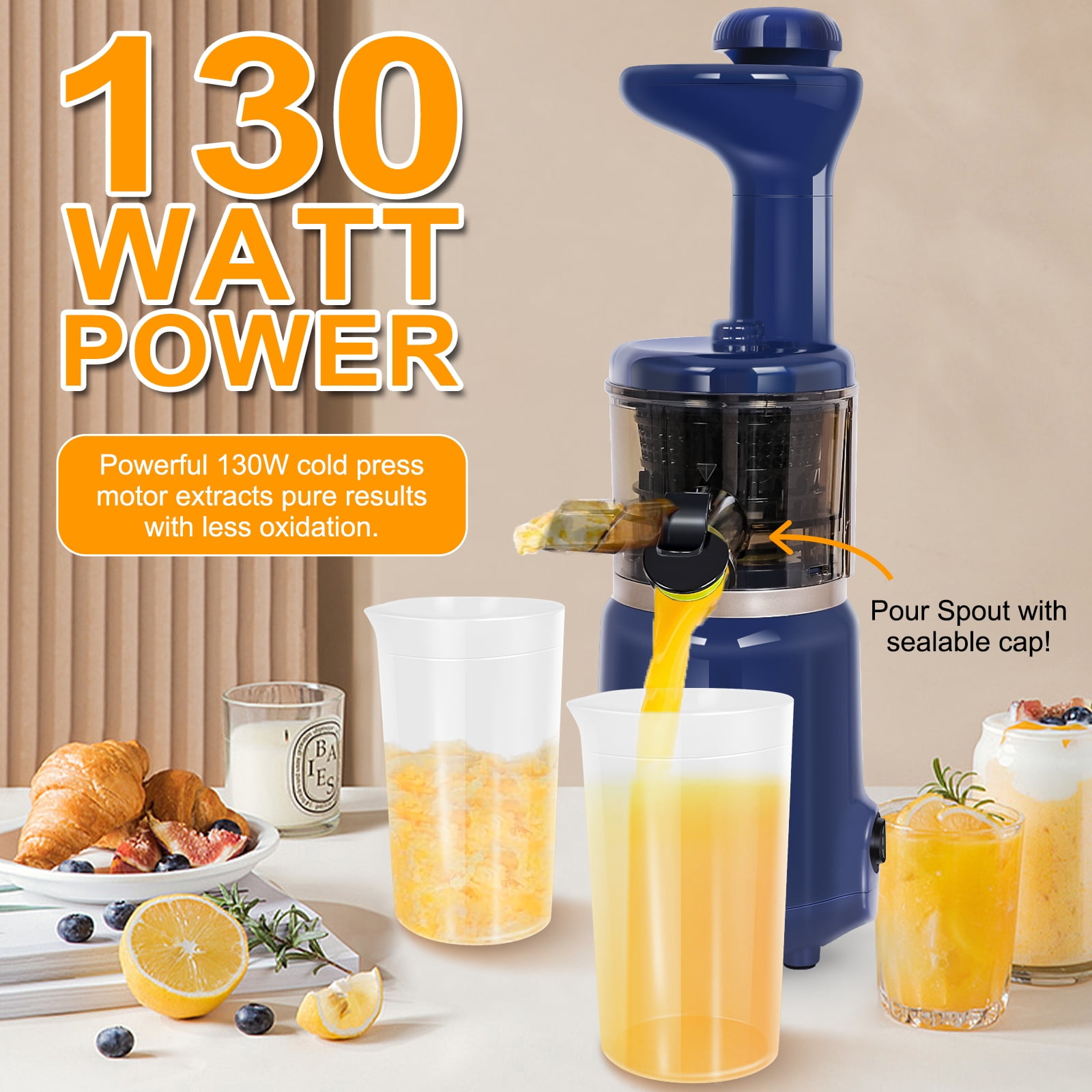 CAYNEL Compact and Portable Cold Press Juice, Masticating Slow Juicer with 1.77” Extra Wide Inlet Funnel,Blue