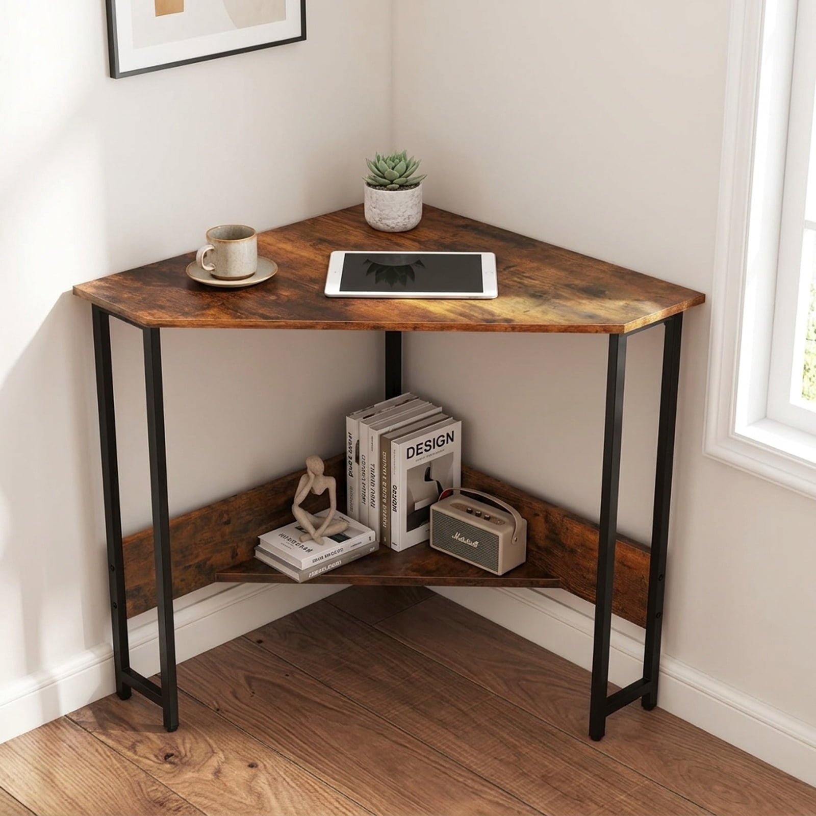 Furnibear Corner Desk Triangle Computer Desk Home Office Study Workstation with Charging Station and Open Shelf for Small Spaces, Rustic Brown