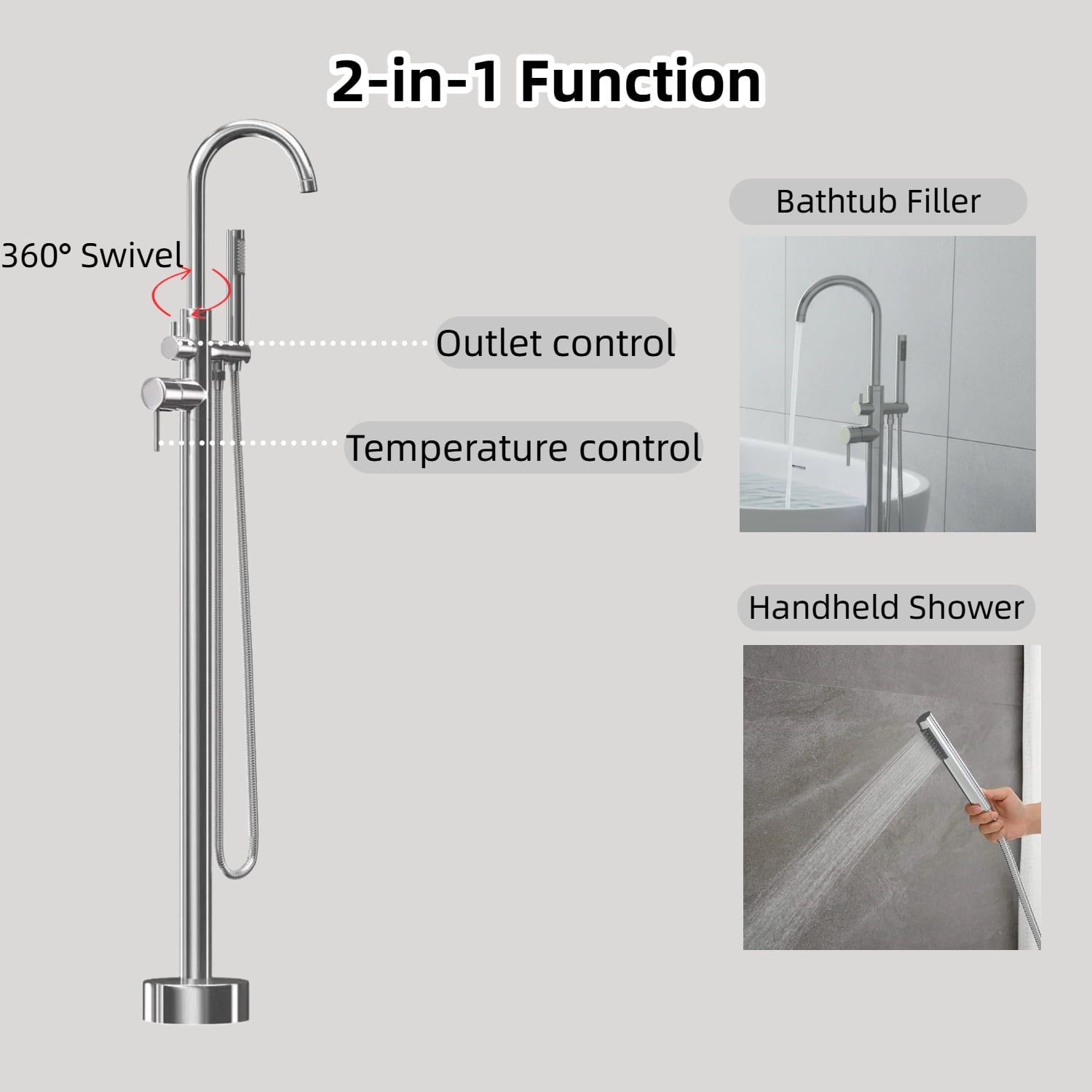 ROOMISLAND Floor Mount Bathtub Faucet Freestanding Tub Filler Standing High Flow Shower Faucets Shower Mixer Taps, with Handheld Shower, Silver