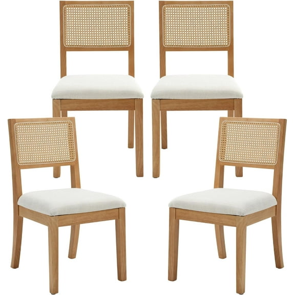 Westice Rattan Dining Chairs Set of 4, Farmhouse Natural Dining Room Chairs with Upholstered Cushion, Wood Armless Chairs for Kitchen/Restaurant