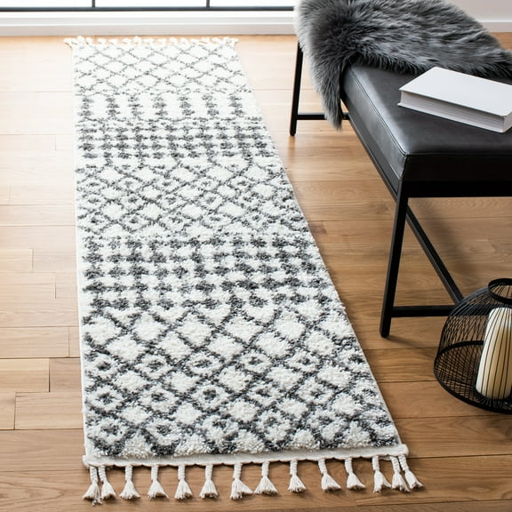 SAFAVIEH Berber Fringe Sunny Aztec Shag Runner Rug, Ivory/Dark Gray, 2'2" x 8'