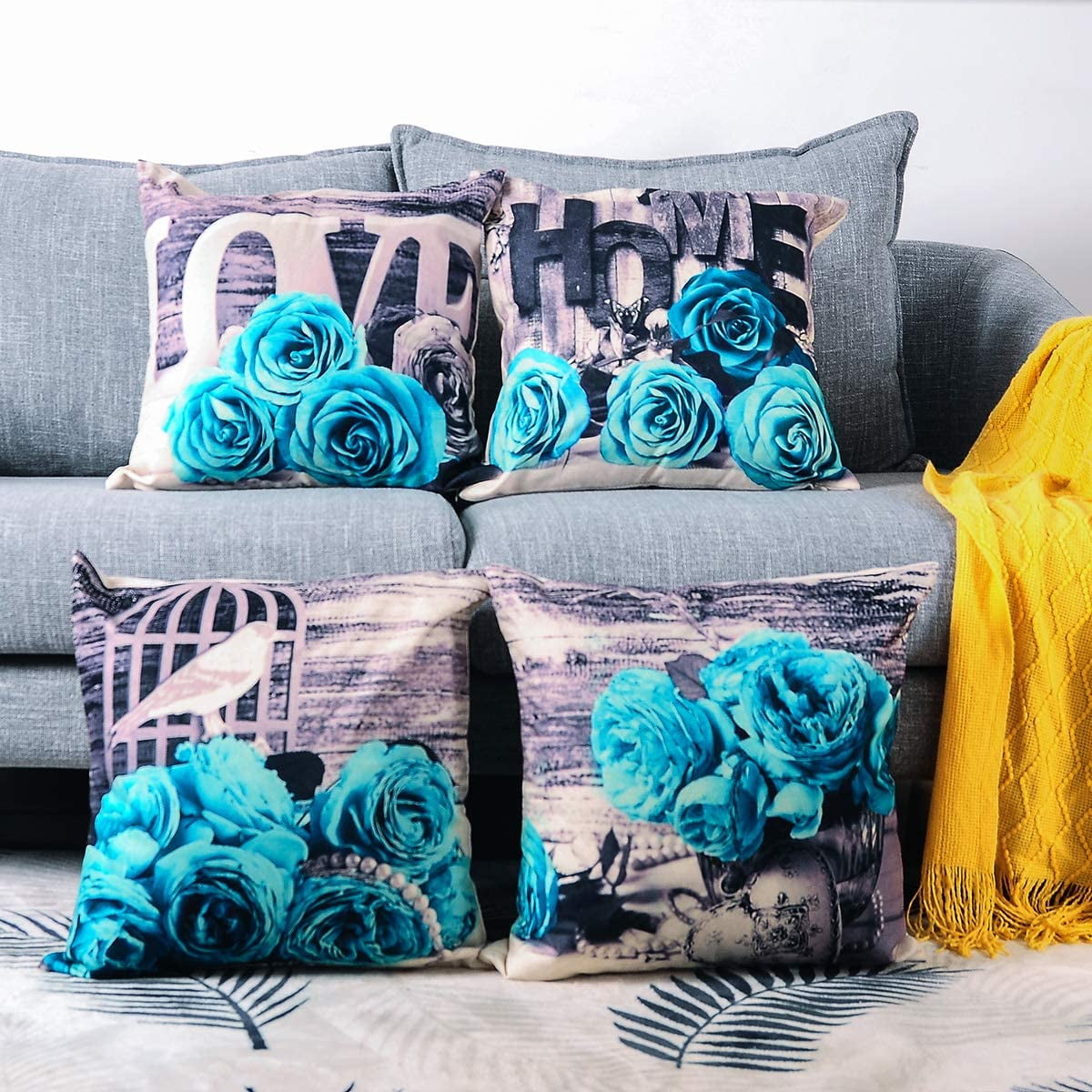 Throw Pillow Covers for Couch Set of 4 Farmhouse Teal Pillows case Turquoise Rose Cushion Cases Decorative Black and White Flower Square Pillowcases Women Modern Artwork Home Decor Gift 18x18 45x45cm ...