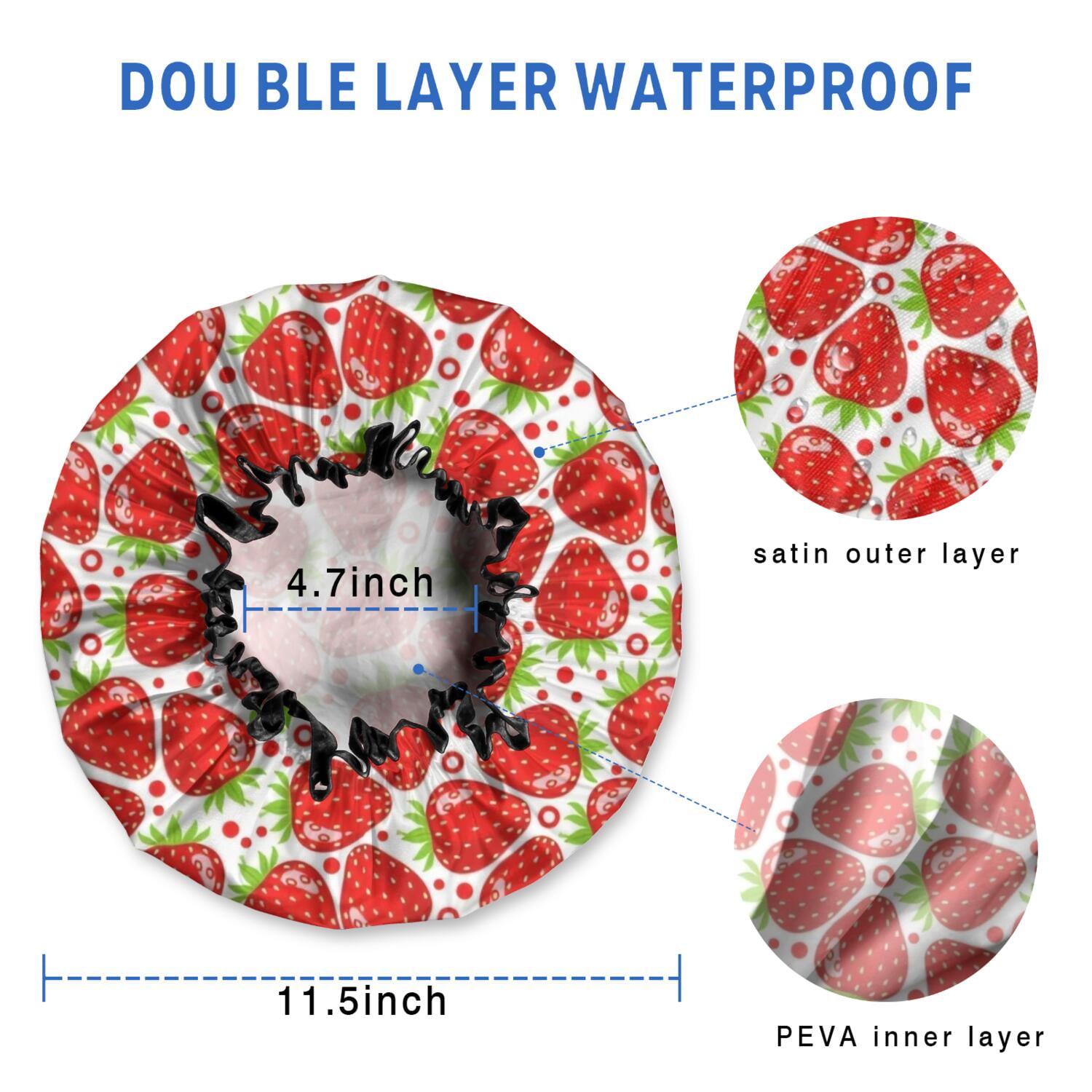 Shower Caps,Red Strawberry Plants Fruit Dot Waterproof Shower Cap for Women 4 Pieces,Double Reusable Hair Cover for Shower PEVA Elastic Stretch Hem