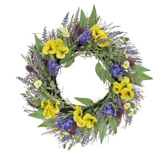 National Tree Company 22 inch Artificial Spring Wreath with Pansy Blooms, Lavender, and Assorted Blossoms, Realistic Floral Decoration for Front Door or Indoor Décor