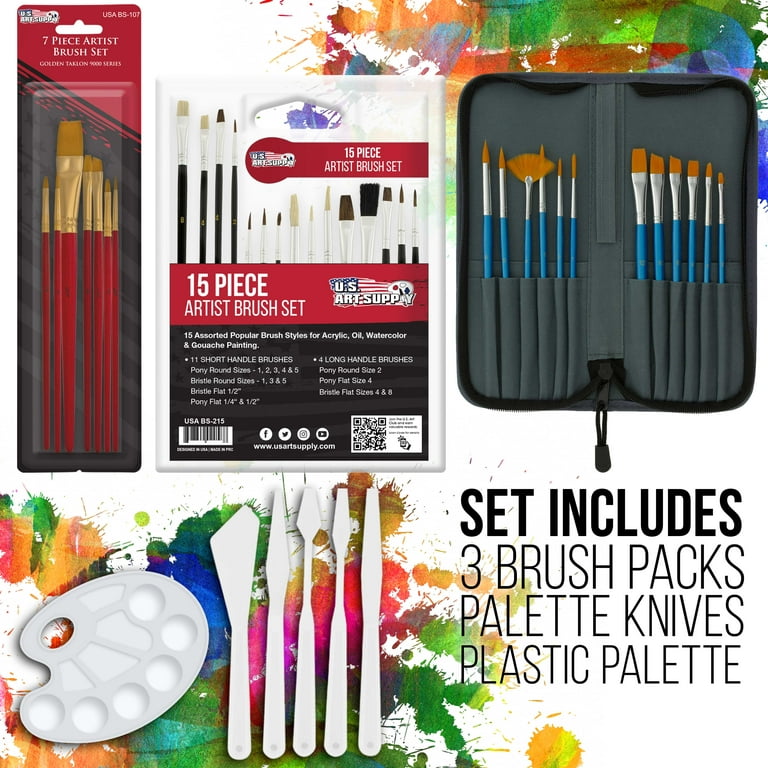 U.S. Art Supply 63-Piece Artist Oil Painting Set with Coronado French Style  Sketch Box Easel, 24 Oil Paint Colors, 25 Brushes, 4 Stretched Canvases,  Oil Painting Paper Pad, 2 Paint Palettes & 5 Knives 