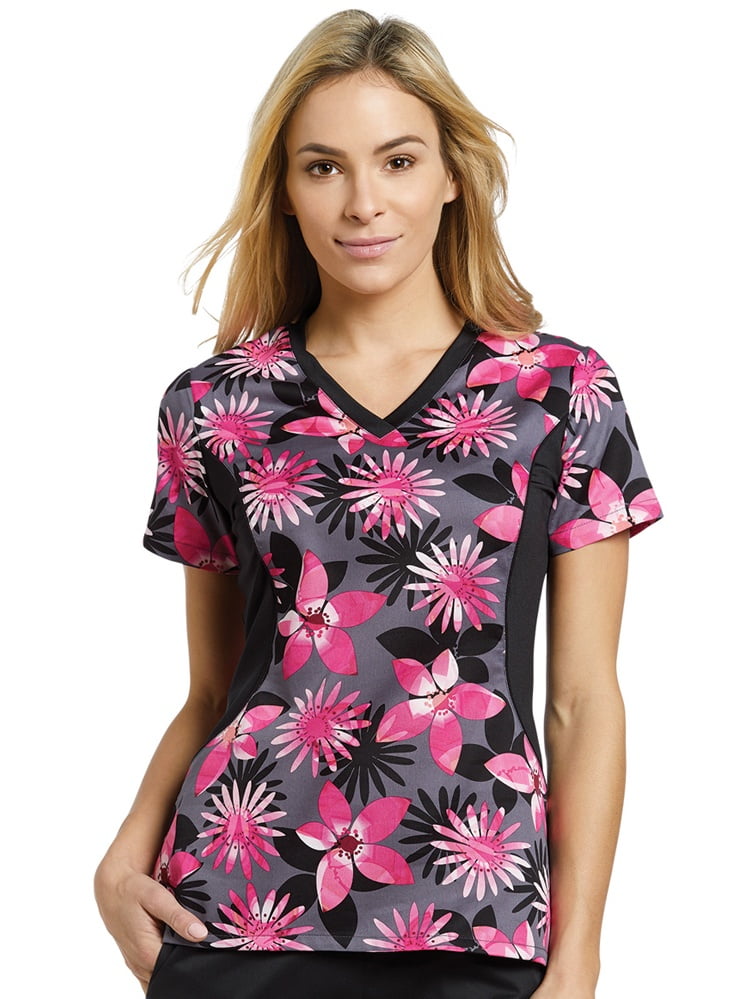 Allure by White Cross Women's Notch Neck Stretch Side Floral Print Scrub Top