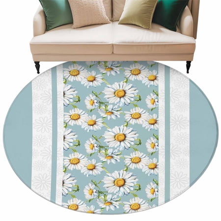 Round Rug 5ft Area Rug Farmhouse Daisy Floral Blue Stripe Area Rugs for Living Room Bedroom Country Flower Watercolor Floor Mat Non-Slip Non-Shedding Carpet Indoor Accent Rugs