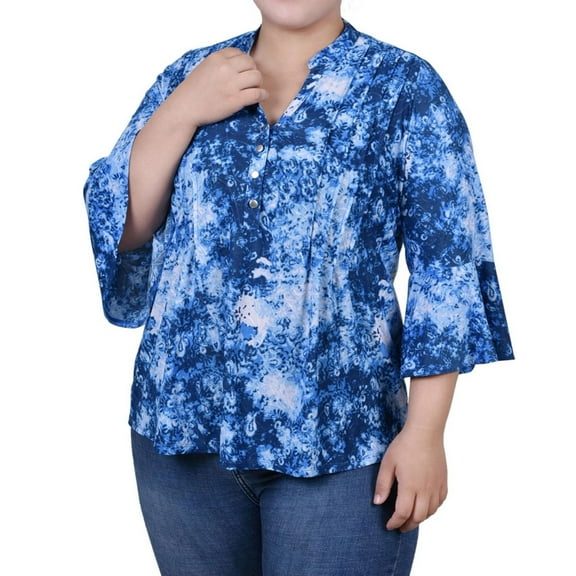 NY Collection Womens Printed Button Down Blouse, Blue, Plus Size, 1X