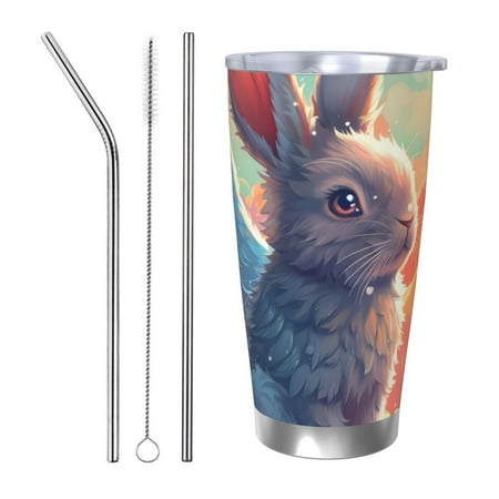 

Zeuib Sunshine Winged Rabbit Printed 20oz Stainless Steel Insulated Car Cup Stainless Steel Thermal Cup Vacuum Insulated Leak-proof Travel Mug Cup-Straw Three-piece Set