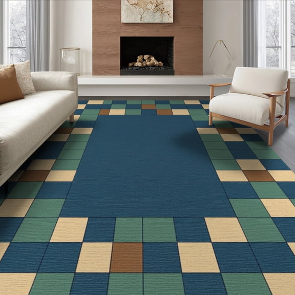 ODIKA 8'x10' Washable Area Rug Geometric Hooked Construction Displaying Symmetrical Block Checkered for King Size Bedroom Under Bed, Master Suite, Non-Shedding, Easy Care