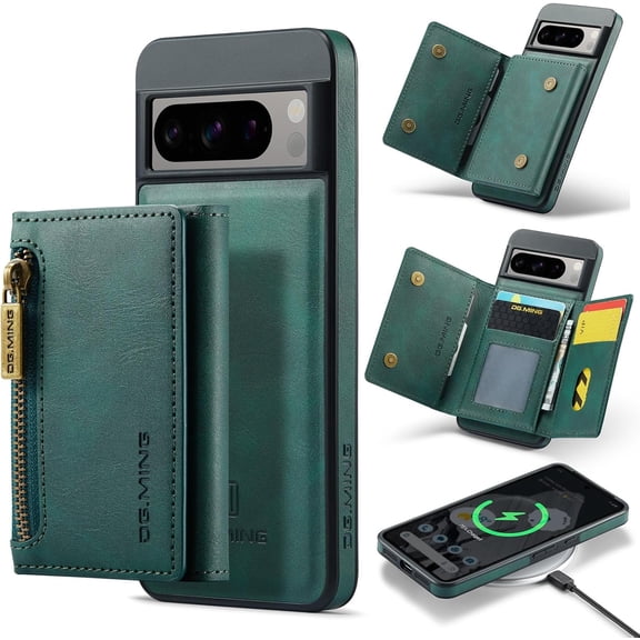for Google Pixel 8 Pro Phone Protective Case, Magnetic Detachable Card Holder, Wireless Charging Back Cover, Soft Lining Outer Shell Compatible with Magsafe, Coin Purse with Stand Green