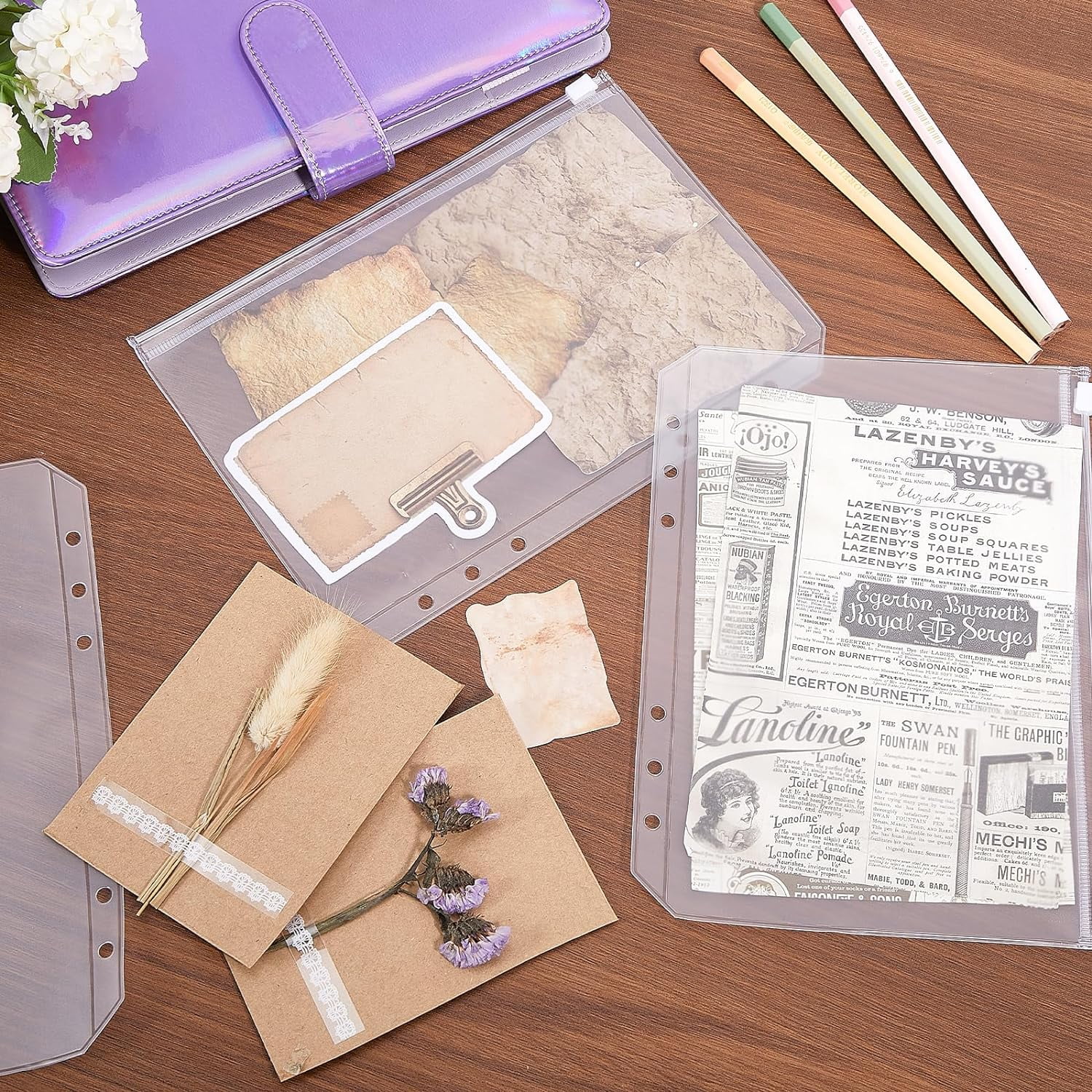 15Pcs A5 Binder Pockets with PU Leather Notebook Binder Cover Clear PVC Binder Pouch Cash Money Organizer Set with 10 Pcs Stickers for Knitting Needles Cash Envelope Document DIY