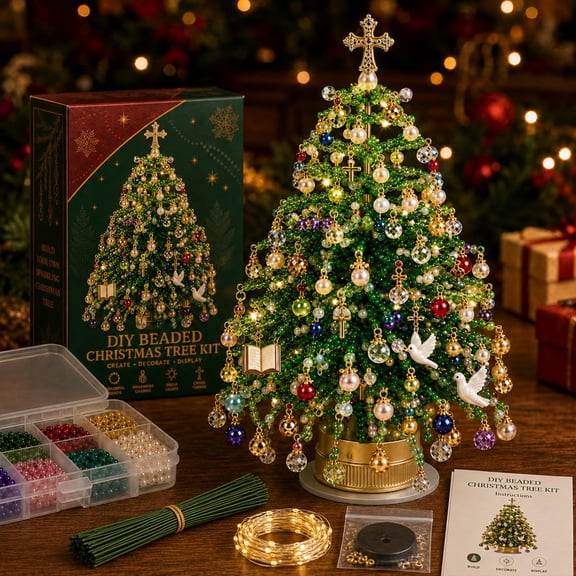 DIY Beaded Christmas Tree Kit for Adults, 3D Crystal Bead Holiday Craft Set with Colorful Beads, Ornament Charms, Metal Frame and Angel Topper, Handmade Tabletop Christmas Decor Gift