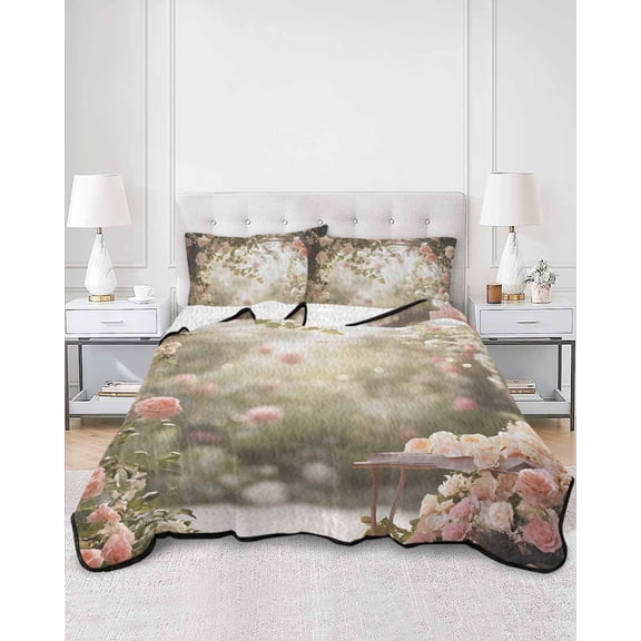 Quilts Full Size, Pink Rose Spring Floral Soft Comforter Bedding Set for Bed, Summer Roses Flowers Farmhouse Lightweight Quilted Bedspread with Pillow Cover(2 Pieces) for All Season, 78x90 Inch