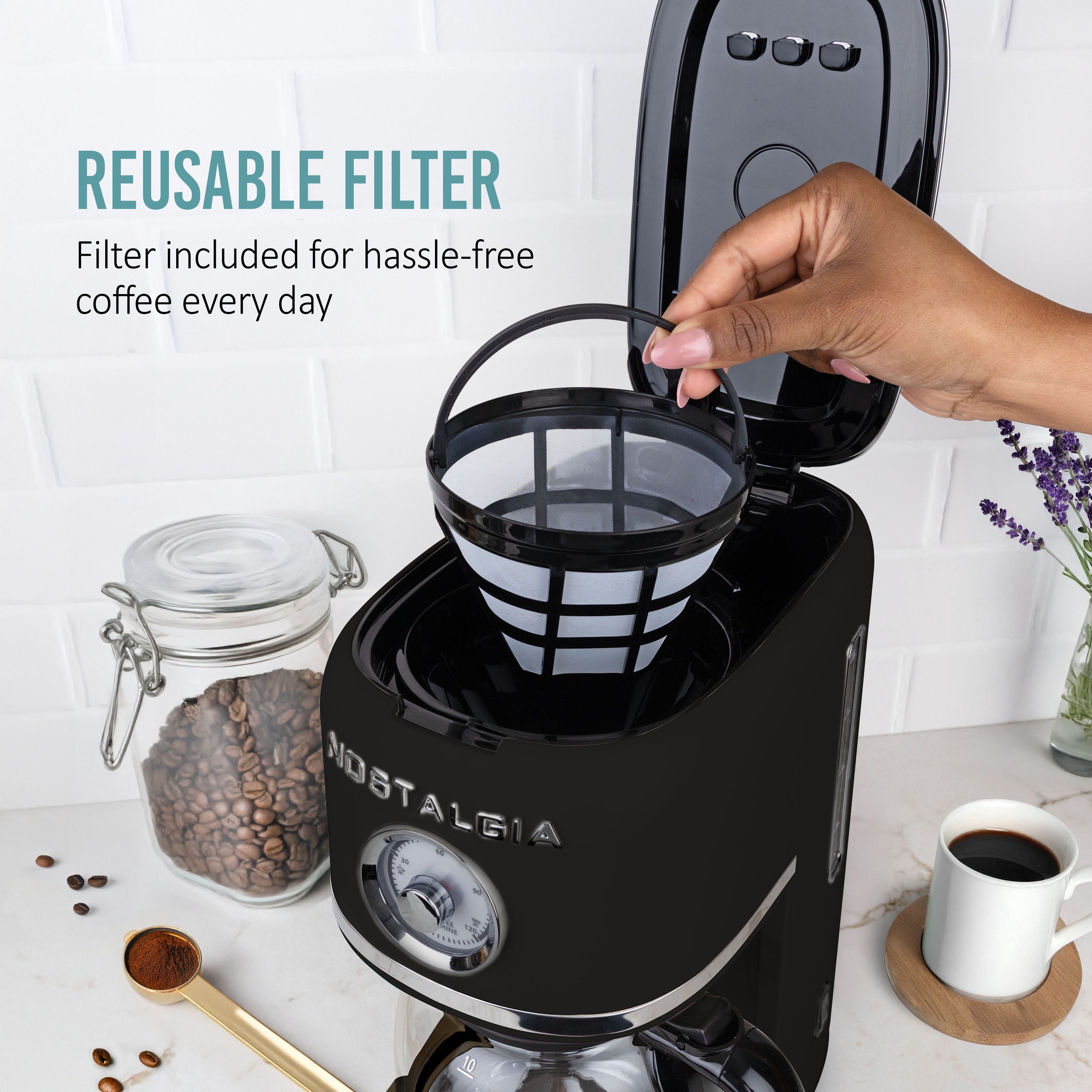 Nostalgia Retro Coffee Maker, 10-Cup One Button Brewing Classic Coffee Machine with Reusable Filter, Black