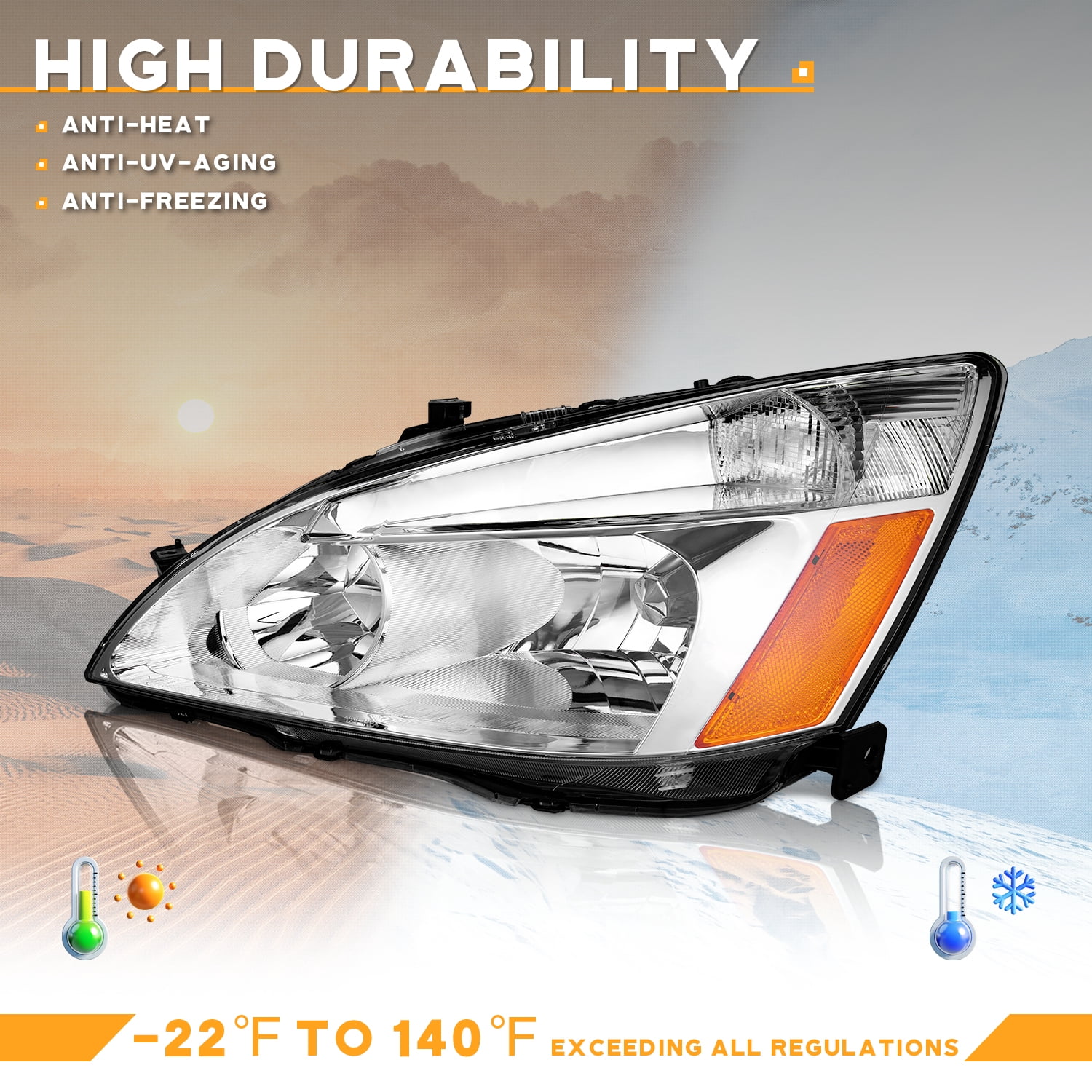 WEELMOTO Headlights for 2003-2007 Honda Accord, 03-07 Accord OE Headlamp Coupe/Sedan Chrome Housing Amber Reflector Left+Right Side 2/4-Door