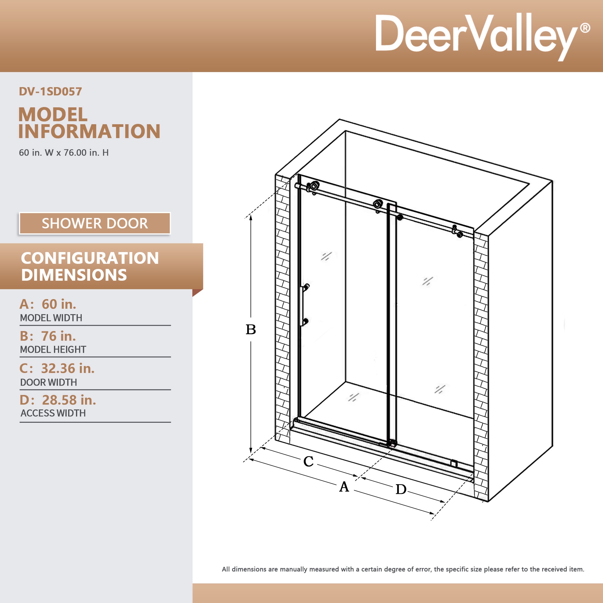DV-1SD057 Concord 56" - 60" W x 76" H Single Sliding Frameless Shower Door with 10mm Tempered Glass, Stainless Steel Accessories
