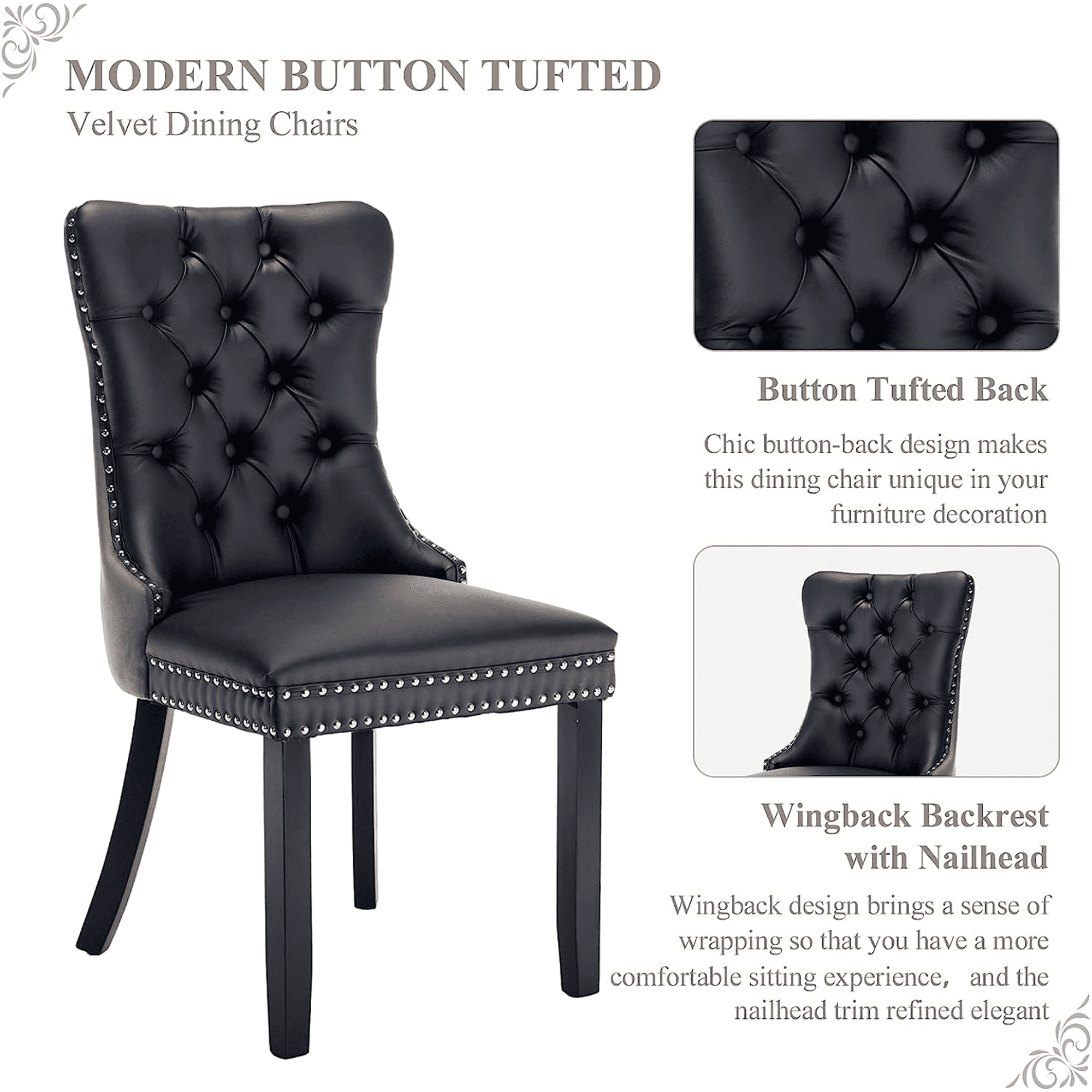 LegaHome Dining Room Chairs Set of 6, Modern Upholstered Velvet and PU Leather Dining Chair with Nailhead Trim and Solid Wood Legs, Tufted Button Padded Chairs Set for Kitchen Dining Room, Gray&Black