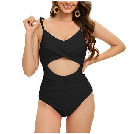 Tawop Swimwear for Women Womans Swimwear One Piece Pleated Tie Slim Halter Swimsuit Women Clearance Black S