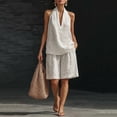 thumbnail image 6 of Linen 2 Piece Set for Women Summer Casual Sets Sleeveless V Neck Halter Top Baggy Wide Leg Pants Matching Set, 6 of 6