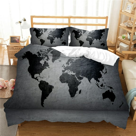 YJHDM Grey Map Bedding Set 3D Boys Teens Men Down Duvet Cover Pillowcase 2/3pcs for Twin/Full Bed
