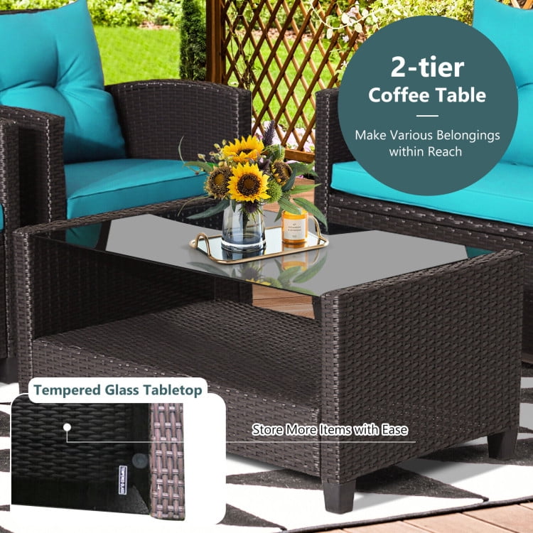 Aimee Lii 4 Pieces Wicker Patio Furniture Set with Tempered Glass Coffee Table, Wicker Outdoor Sectional, Turquoise Aimee Lii 4 Pieces Wicker Patio Furniture Set with Tempered Glass Coffee Table, Wicker Outdoor Sectional, Turquoise