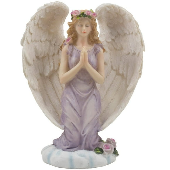 Kneeling Angel In Prayer Figurine On A Heavenly Cloud With Accents Of Roses For Spiritual, Religious And Christian Home Decor Sculptures Or Statues As Artistic Inspirational Gifts
