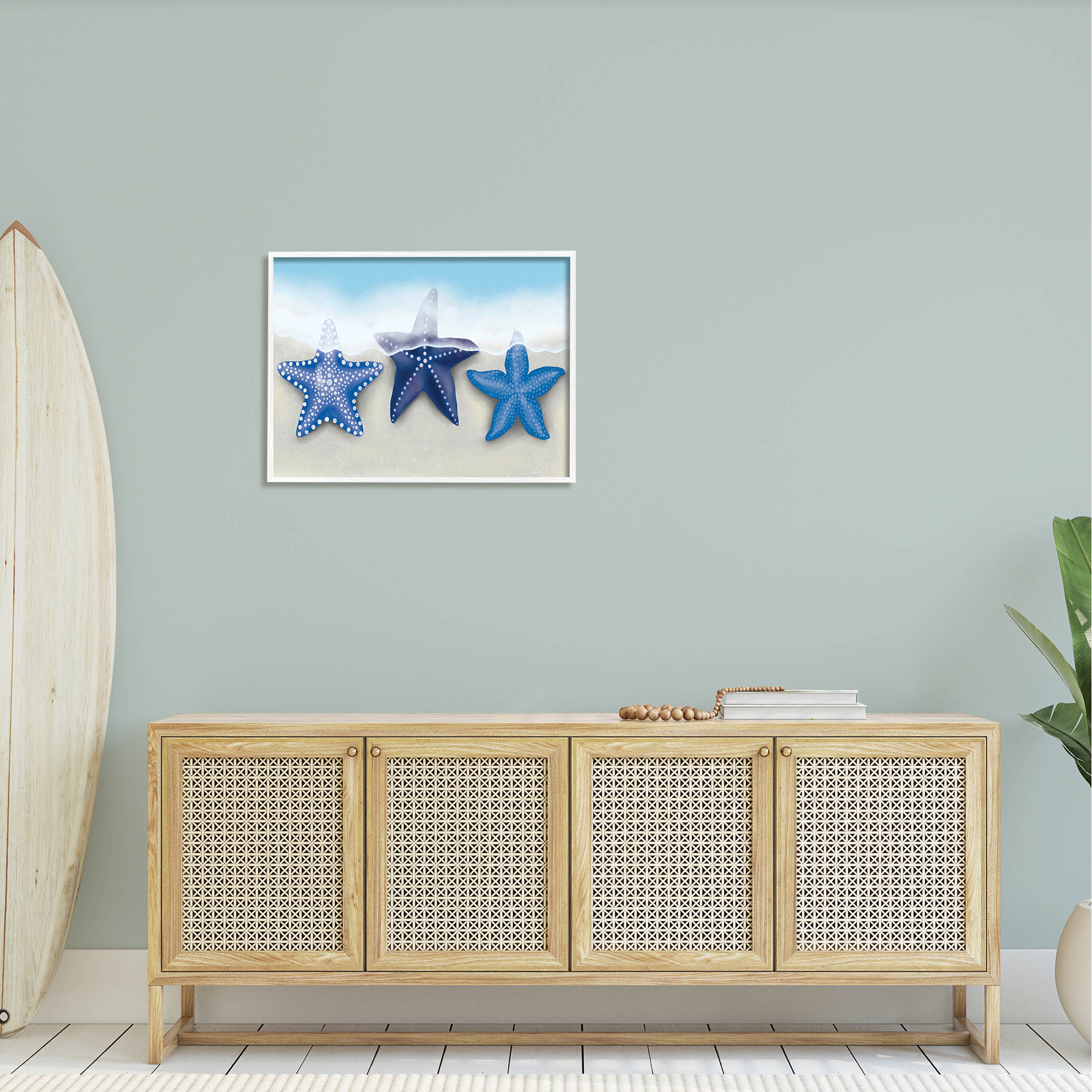 Mixed Blue Starfish Shoreline Animals & Insects Graphic Art White Framed Art Print Wall Art