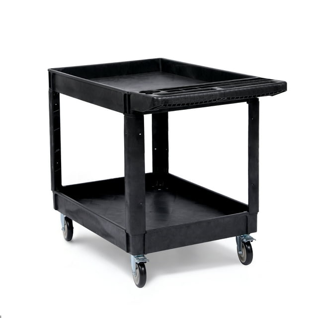 Heavy Duty Utility Cart – 2-Tier Rolling Organizer – 550 lbs Capacity – Large PP Shelves – 360° Swivel Casters – Oversized Storage Handle – Service Cart for Warehouse, Garage, Cleaning – Black, Small
