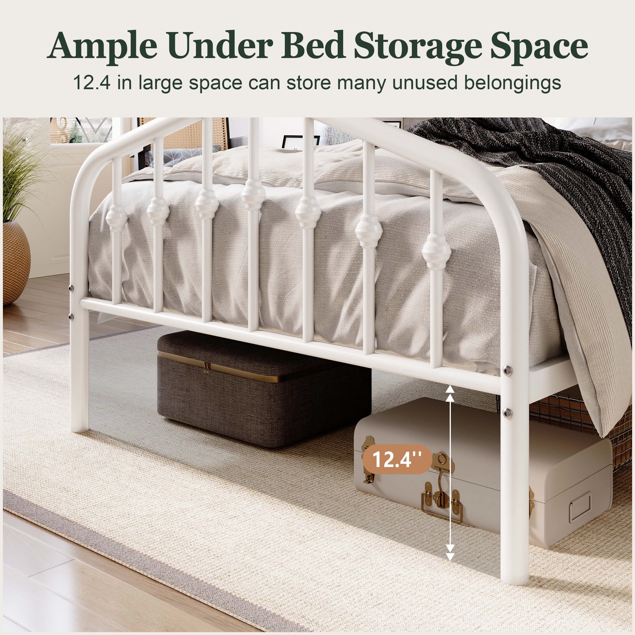 Amolife Twin Size Bed Frame, Heavy Duty Metal Platform Bed with Victorian Vintage Headboard & Footboard, White