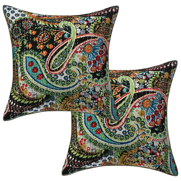 Stylo Culture Indian Decorative Throw Pillow Covers 16 x 16 Floral Kantha Black Printed 40x40 cm Home Decor Cotton Paisley Square Cushion Covers | Set Of 2