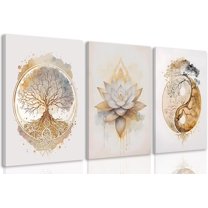 3Pcs Sun Moon And Star Celestial Canvas Wall Art Vintage Tarot Astrology Wall Decor Sun Flower and Full Moon Lotus Rainbow Poster Prints Picture for Bthroom Bedroom Living Room
