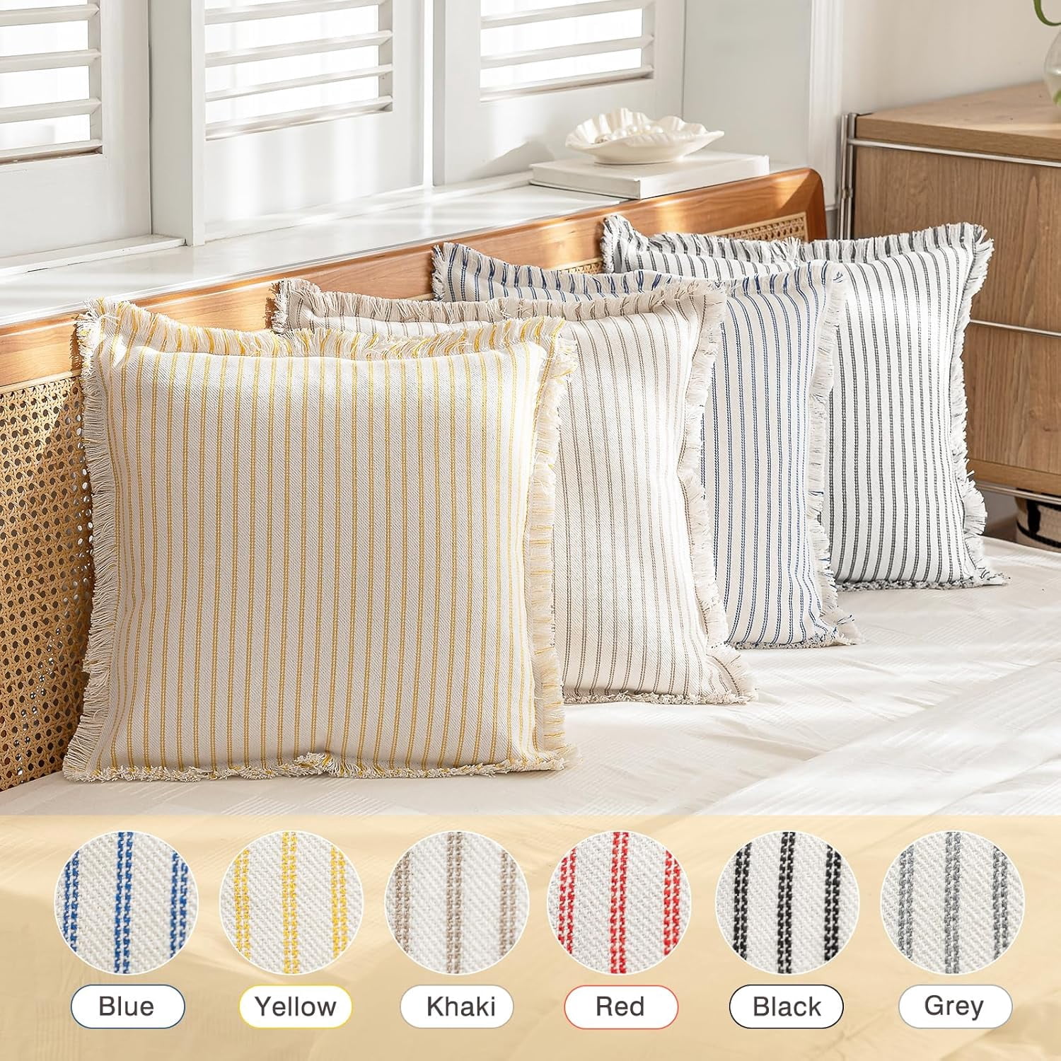 Lanola Throw Pillow Covers 22x22 Set of 2 Striped Fringe Pillow Cover Farmhouse Cushion Covers with Tassel Neutral Boho Pillows Decorative Square Pillowcase for Couch Sofa Bed, Red