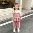 thumbnail image 2 of JIAYUE Girls Clothing Set Puff Sleeve Knit Ruffle Button Strap Dress Flared Knit Pants 2 Piece Outfit For Autumn Back To School,2-3 Years, 2 of 5