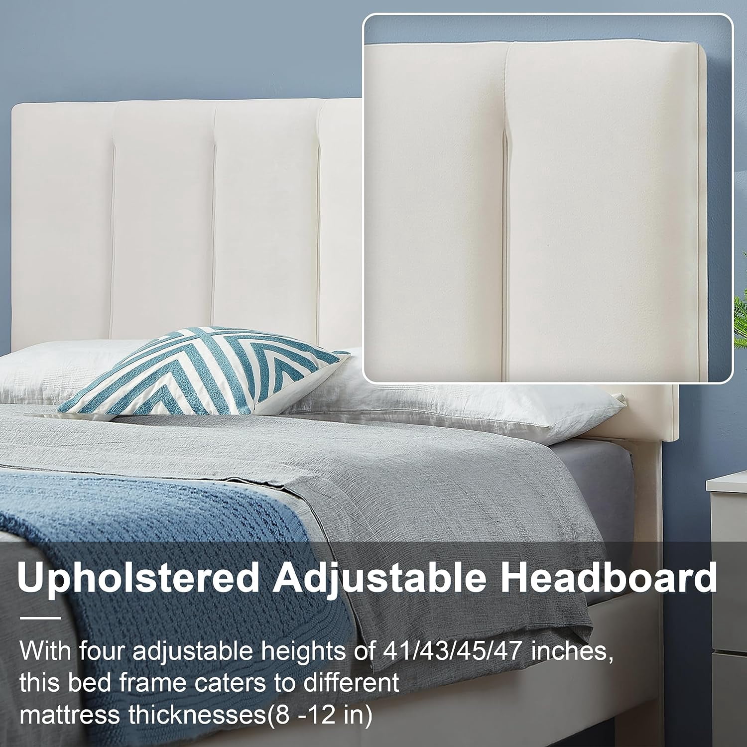 VECELO Queen Size Upholstered Platform Bed Frame, Adjustable Headboard and Wooden Slats Support, No Box Spring Needed/Easy Assembly, White