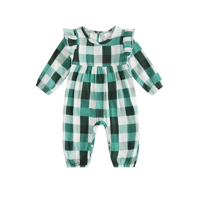 Gupgi 0-18M Infant Girls Checkered Romper Baby Ruffled Trim Long Sleeve Round Neck Fall Jumpsuits