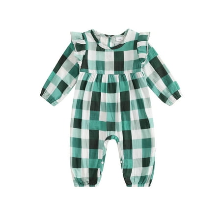 

SANSIWU Infant Baby Girl Checkered Romper Ruffled Trim Long Sleeve Autumn Jumpsuit