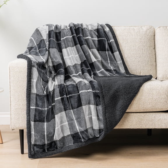 PAVILIA Plaid Sherpa Throw Blanket for Couch Sofa Bed, Dark Grey, 50x60
