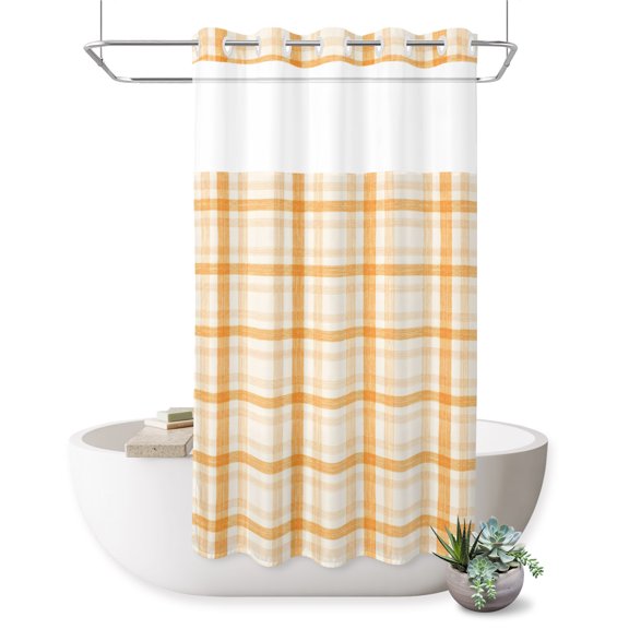 No Hook Shower Curtain, Orange Plaid Shower Curtains for Bathroom with See Through Top Window, Fall Gingham Grids Striped Farmhouse Waterproof & Washable Bath Curtain Stand Up Stall 36"x72"