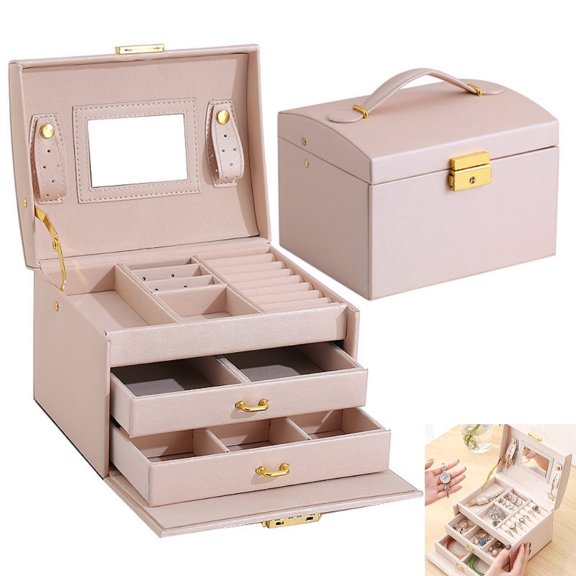 Manss Jewelry Box for Women Girls, 3 Layers Jewelry Organizer Container with Lock, Leather Storage Case with Mirror, Jewelry Display Box for Necklaces Earrings Bracelets Rings Watches(Pink)