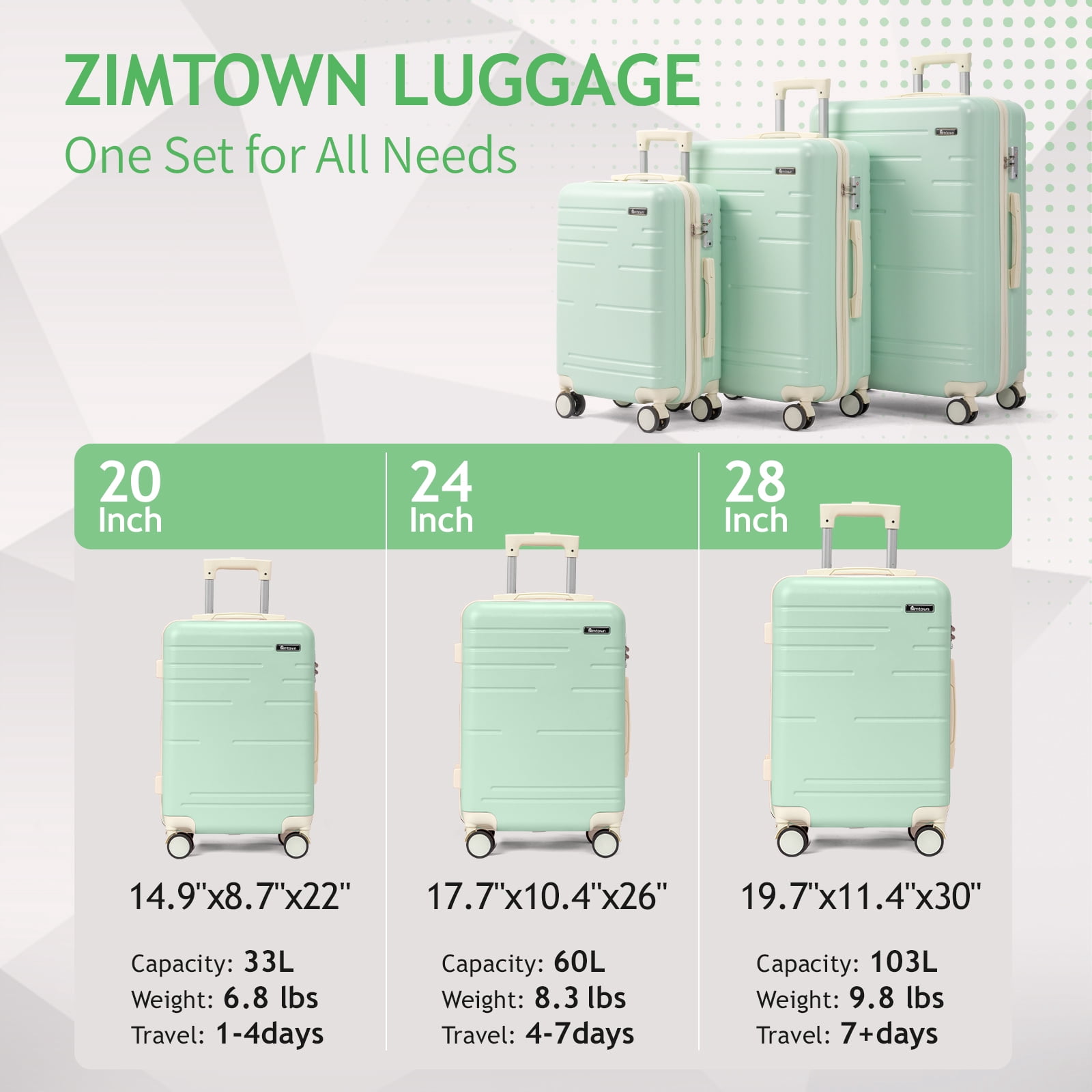 Zimtown 3 Piece Luggage Set, Carry on Suitcase Sets Hardside Lightweight Spinner with TSA Lock, Green