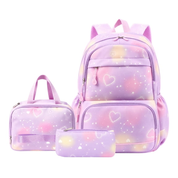 AHMOMEI Gradient Heart Print 3 Pieces Backpack Set, Casual Daypack Bundle with Lunch Bag & Pencil Case for Picnic, Weekend Trips & Daily Outdoor Activities Purple
