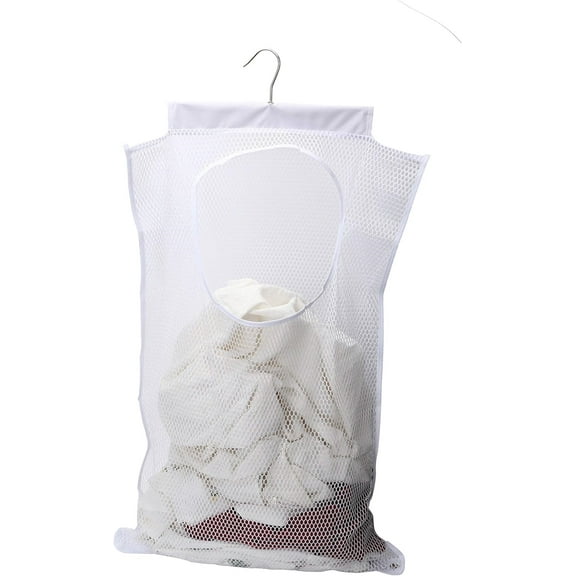 Mesh Laundry Bag,QZS Door-Hanging Mesh Laundry Hamper Bag,White Mesh Laundry Bags with Rotating Metal Hanger for Apartment,Camper,Cabin
