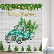 Newhomestyle Christmas Shower Curtain, Christmas Tree Ball Winter Truck Car on Rustic Wood for Christmas Farmhouse Polyester Fabric Bath Curtains Set with Hook, 72X72in