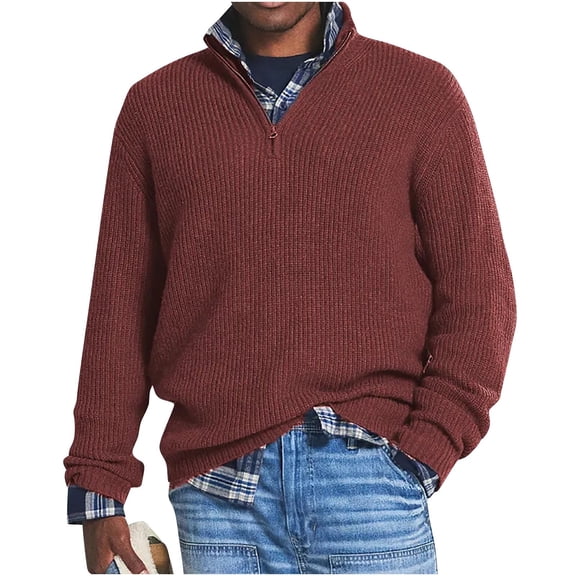 Kakii Men's Slim Fit Zip Up Sweatshirt, Navy Blue Ribbed Knit Henley Neck Top, Long Sleeve Casual Pullover