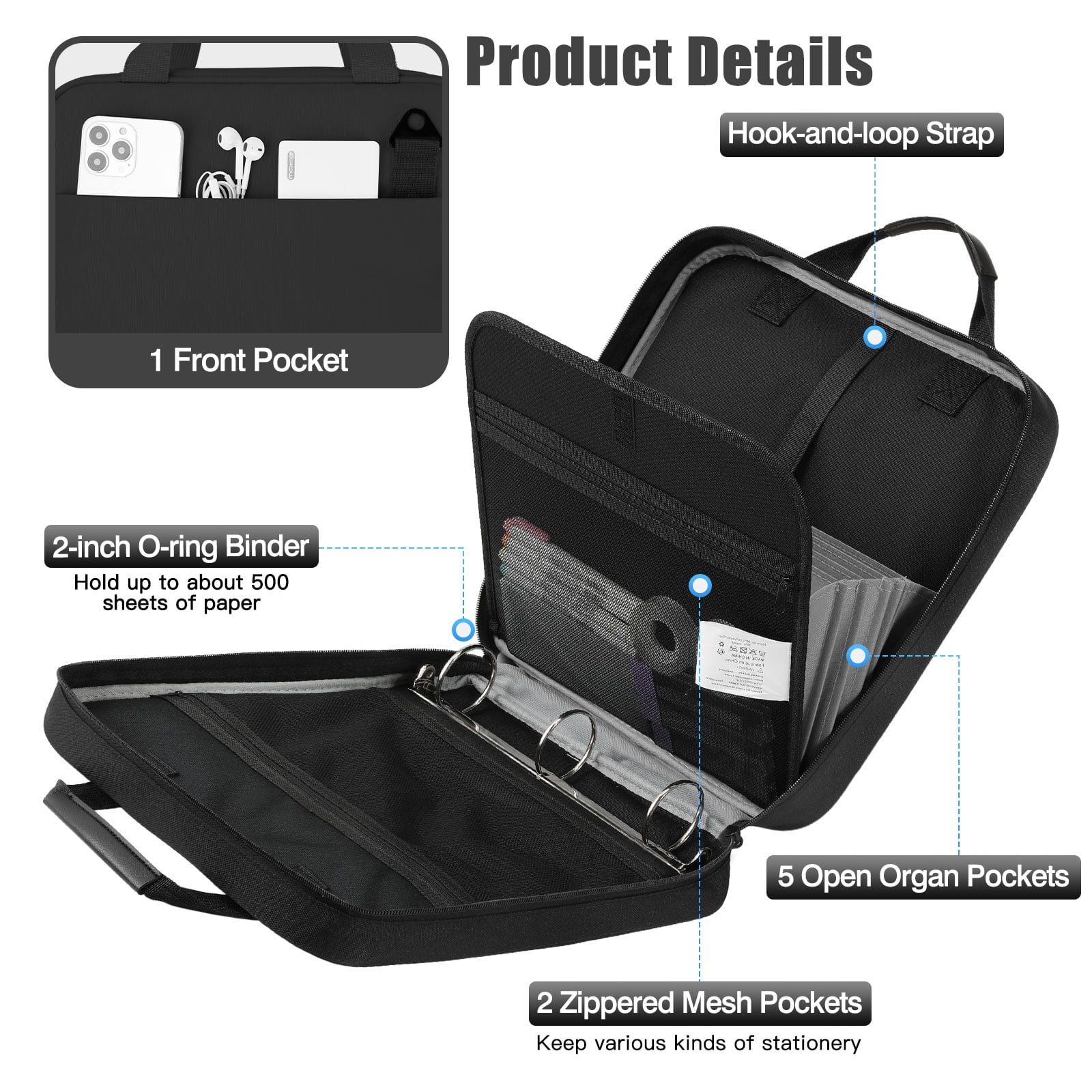 MoKo Zipper Binder, 2 inch 3 Ring 500 Sheet Capacity Multi-Pocket Binder, Black