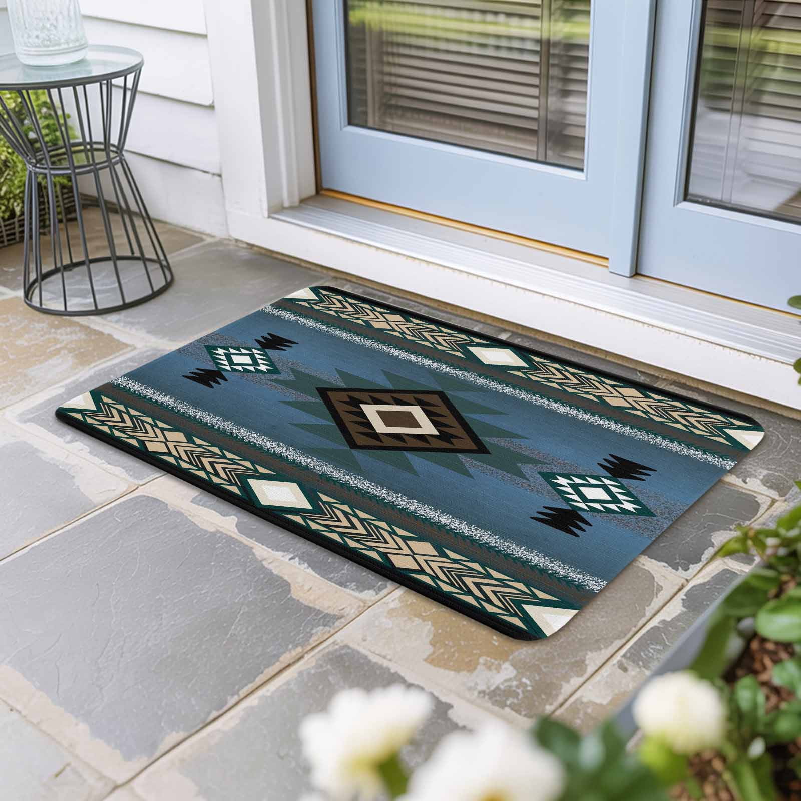 Blue Southwest Doormat Outdoor Entrance 18"x30", Farmhouse Boho Aztec Abstract Geometric Absorb Moisture Dirt Door Mats, Non-Slip Rubber Backing Floor Mats Indoor, Low-Profile Front Door Rugs